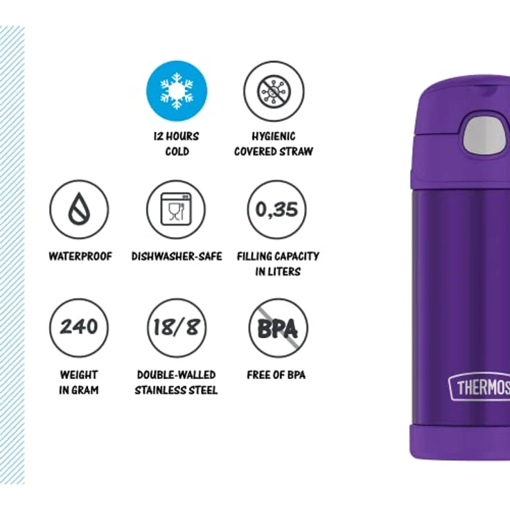 THERMOS kids FUNTAINER STRAW BOTTLE 0,35l, purple, Thermosflasche für Kinder aus Edelstahl, mit Strohhalm, 12 h kalt, absolut dicht, für Schule, Kindergarten, Pause – Bild 6
