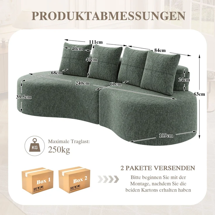 Großes Stoffsofa 240 cm mit Getränkehaltern, Seitentaschen und 4 Kissen, gepolsterte Couch mit Schaumstoff und Federleisten für Wohnzimmer, Grün – Bild 3