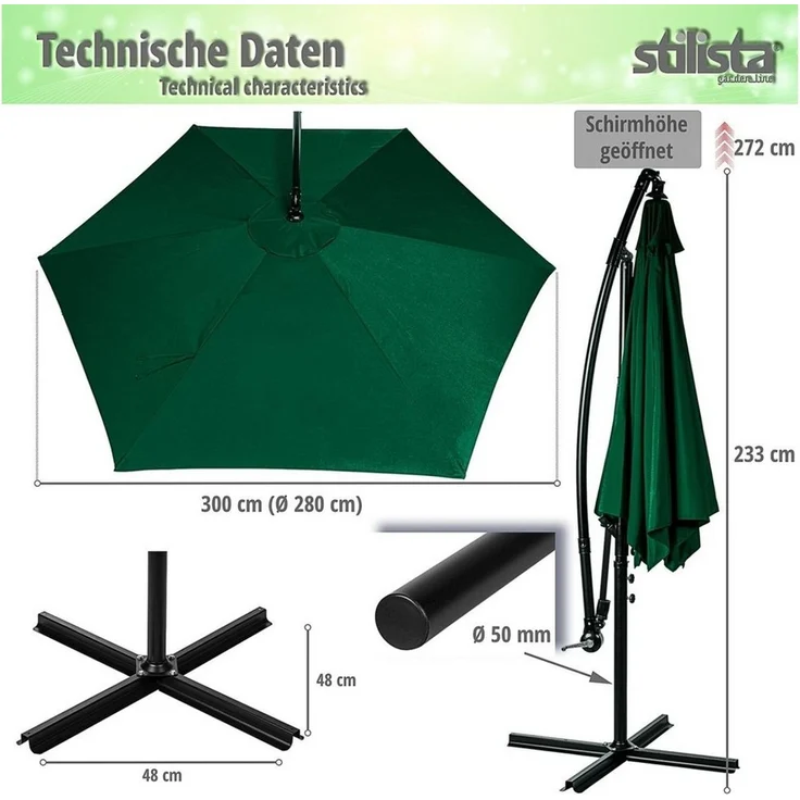 STILISTA Ampelschirm Sonnenschirm Gartenschirm Sonnenschutz Marktschirm, Ø 280 cm, UV 40+, Farbwahl, inklusive Abdeckung – Bild 3
