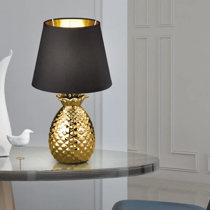 RGB LED Keramik Tischleuchte, Textil schwarz gold, H 35 cm – Bild 4
