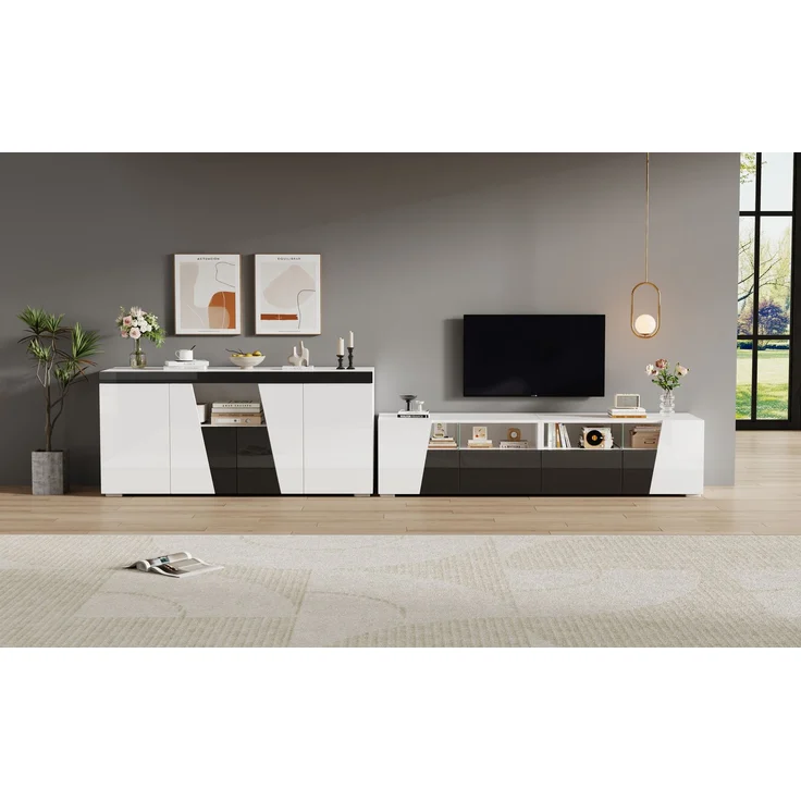 ZUBALIYA Wohnzimmerset 180x38,5x45 cm, mit LED-Beleuchtung, Hochglanz, aus Spanplatte, Weiß – Bild 6
