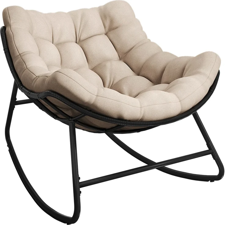 STEELSØN 'Veldora' Schaukelstuhl, schwarzes Polyrattan, Kissen beige, ergonomischer Relaxsessel, bis 125kg, XXL Schaukelsessel 75×100×65 cm – Bild 12