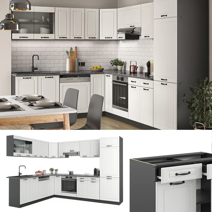 Eckküche R-Line Weiß Landhaus/Anthrazit 287 x 227 cm ohne Arbeitsplatte Vicco – Bild 2