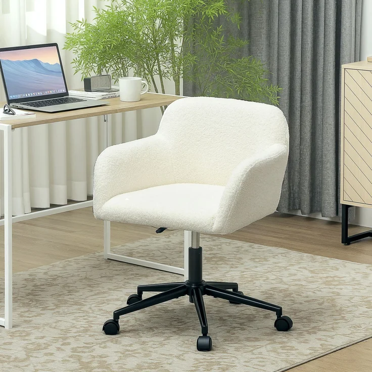 MELAYR, Drehbarer Bürostuhl mit Rollen, Schreibtischstuhl, Fleece-Stoff, Schaumstoff, 63.3 x 60.7 x 84 cm, Cremeweiß – Bild 4
