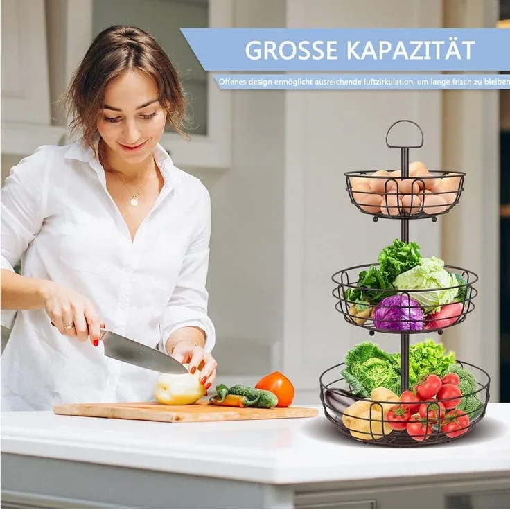 Minicloss Etagere Obstschale - Obstkorb - Obst Etagere, Küche Obst Etagere aus Metall, Metall, Obst Etagere - Aufbewahrung für Gemüse/Snacks - Bronzeton - 3-stöckig