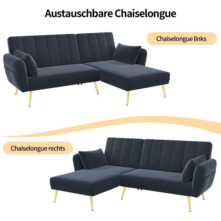 Merax Modernes Klappsofa, L-förmiges Sofa, Schlafsofa mit Zusatzecke, Ecksofa mit Schlaffunktion, Schwarz – Bild 7