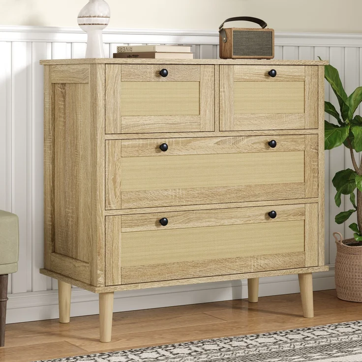 Schrank mit Rattangeflecht 80 x 40 x 80 cm, Kommode Holzfarbe, 4 Schubladen, Massivholzbeine – Bild 5