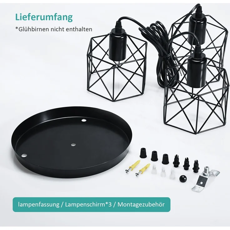 EMKE Pendellampe 3 flammige Kronleuchter Vintage Pendellampe Retro Hängelampe Deckenleuchter, Schwarz Lampenschirm für E27, Wohnzimmer Café – Bild 4
