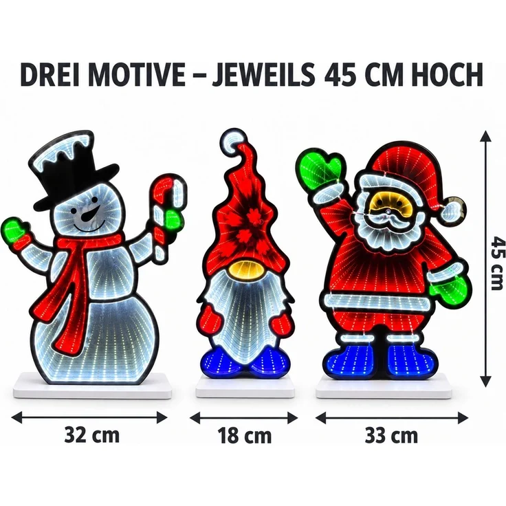 LED Infinity Spiegel 3er-Set Weihnachtsmann, Schneemann, Wichtel mit Timer – Bild 3
