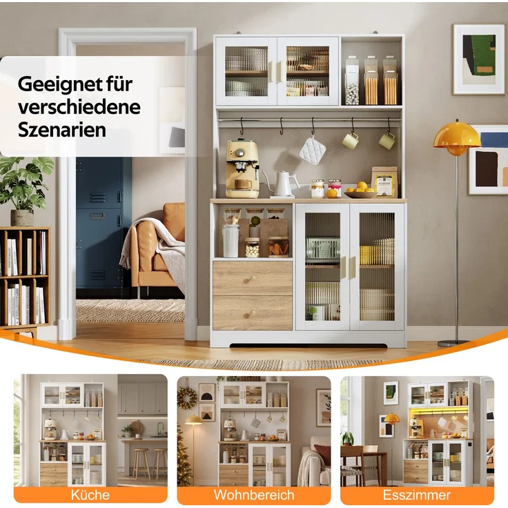 178 cm Küchenschrank, Hochschrank mit LED, Küchenregal mit Steckdose, Vitrine mit Türen aus gehärtetem Glas, Weinregal, Weiß mit Holzoptik verstärkter Arbeitsplatte--Natur + Weiß--110x40x178cm--YOUDENOVA – Bild 8