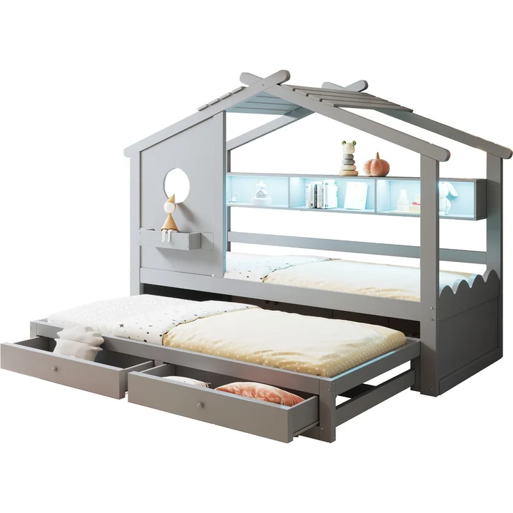 Merax Kinderbett, Jugendbett, 90x200cm, mit Ausziehbett 90x190cm, mit 2 Schubladen, mit USB- und Typ-C-Ladeanschlüssen und LED, mit Einlegeböden, Grau – Bild 10