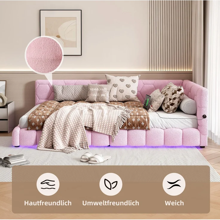 CHICFURN Bett aus Vliesimitat in Rosa 90x200 cm mit LED-Beleuchtung und USB- und Type-C-Anschlüssen – Bild 5