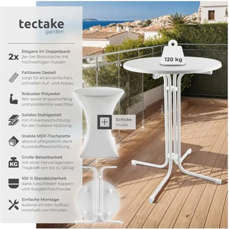 tectake® Gastro 2er Set Stehtisch klappbar, Bistrotisch mit Husse, Tisch Ø80cm, Stehtisch mit MDF-Tischplatte, Gartentisch klappbar, Klapptisch, rund, Stahlgestell, stabil und robust - weiß, 2er Set – Bild 5