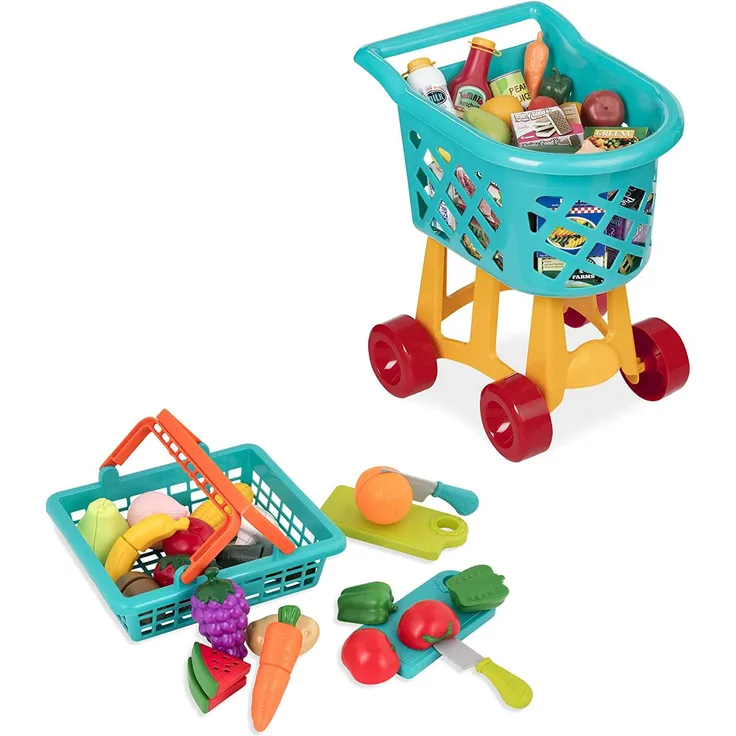 Battat Einkaufswagen Kinder 60 Teile mit Spielzeug Einkaufskorb, Obst und Gemüse zum Schneiden – Kinderküche, Spielküche, Kaufladen Zubehör ab 3 Jahre