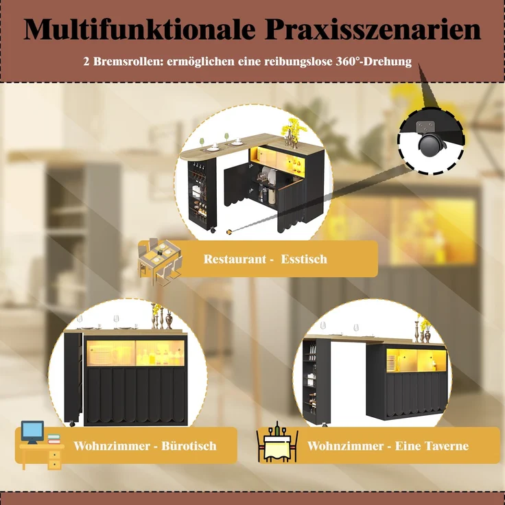 Merax Ausziehbarer Bartisch mit Stauraum(135-205×39×100cm) , Moderner Beweglicher Bar Table, Teleskopischer Bartisch mit LED, Stehtisch Bistrotisch, Schwarz – Bild 8