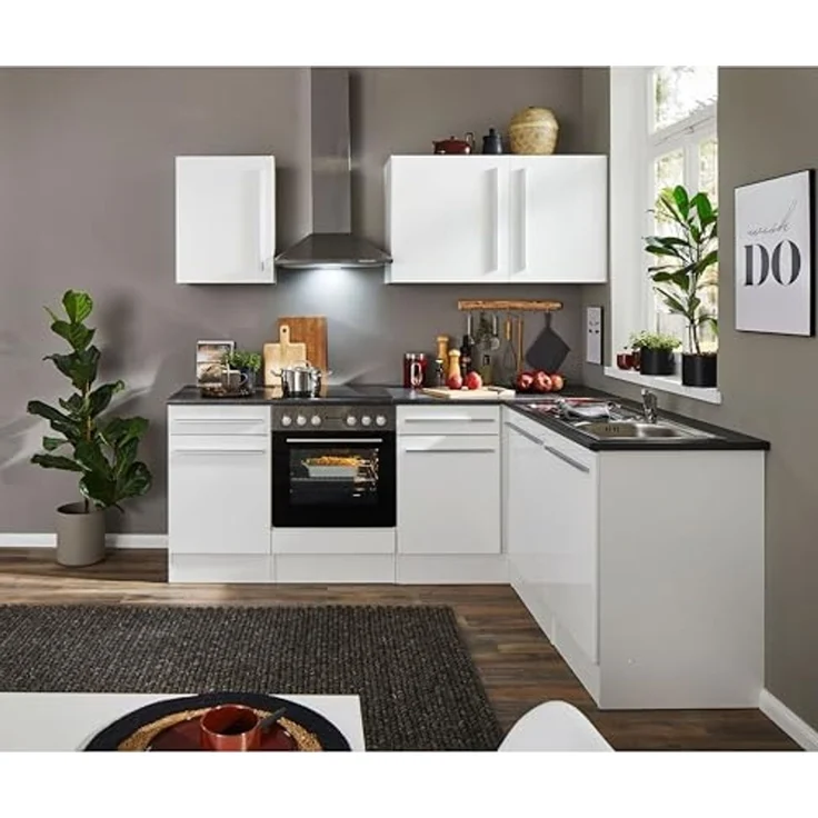 Jazz 8 Moderne Eckküche ohne Elektrogeräte in Weiß Hochglanz, Metallic Grau - Geräumige Küchenzeile in L-Form mit viel Stauraum - 220 x 211 x 60 cm (B/H/T) – Bild 5