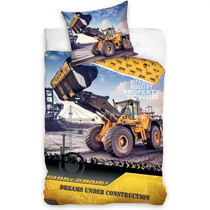 MTOnlinehandel Bettwäsche Bagger 135x200 + 80x80 cm, 100 % Baumwolle, Renforcé, 2 teilig, Kinderbettwäsche-Set mit Bagger, Betonmischer & Baustelle