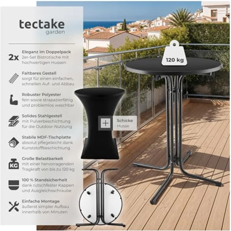 tectake® Gastro 2er Set Stehtisch klappbar, Bistrotisch mit Husse, Tisch Ø80cm, Stehtisch mit MDF-Tischplatte, Gartentisch klappbar, Klapptisch, rund, Stahlgestell, stabil, robust - schwarz, 2er Set – Bild 5