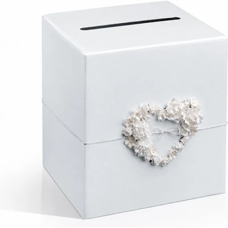 partydeco Geschenkbox, Briefbox für Karten 24x24 cm aus Karton mit Rosenherz Weiß