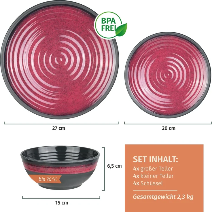 Moritz Camping Tafelgeschirr aus Melamin für 4 Personen 12-teilig | spülmaschinenfest | Picknick Geschirrset | Geschirr Campinggeschirr I Stone Red Design – Bild 2
