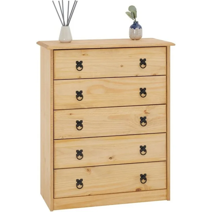 CARO-Möbel Kommode Barrio mit 5 Schubladen I Sideboard aus massiver Kiefer I gebeizter und gewachster Schubladenschrank I Anrichte im Mexiko Stil