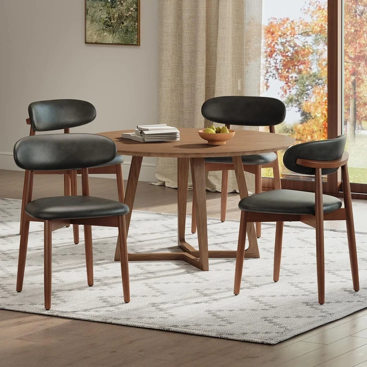MALOL Stühle Esszimmer 4er Set, Gepolsterte Küchenstühle mit Hochdichtem Schaumstoff, PU-Lederbezug, Ergonomische Rückenlehne, Gummiholzgestell Nussbaum-Optik, für Küche Wohnzimmer Café, Schwarz