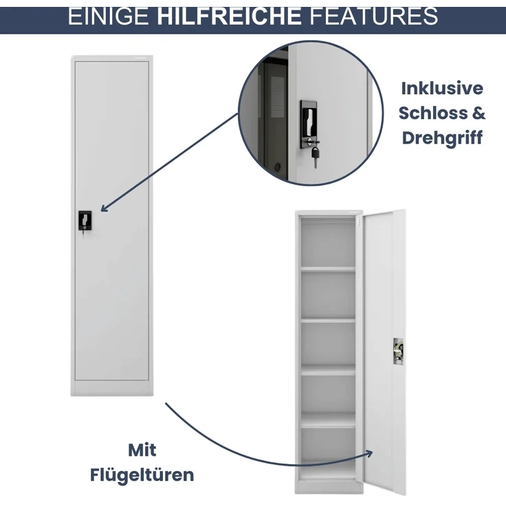 Aktenschrank abschließbar KADO - 5 Ebenen verstellbar, Flügeltüren | Metallschrank Werkstatt Mehrzweckschrank Büroschrank aus Stahl Werkzeugschrank, 185x45x40cm Grau – Bild 5