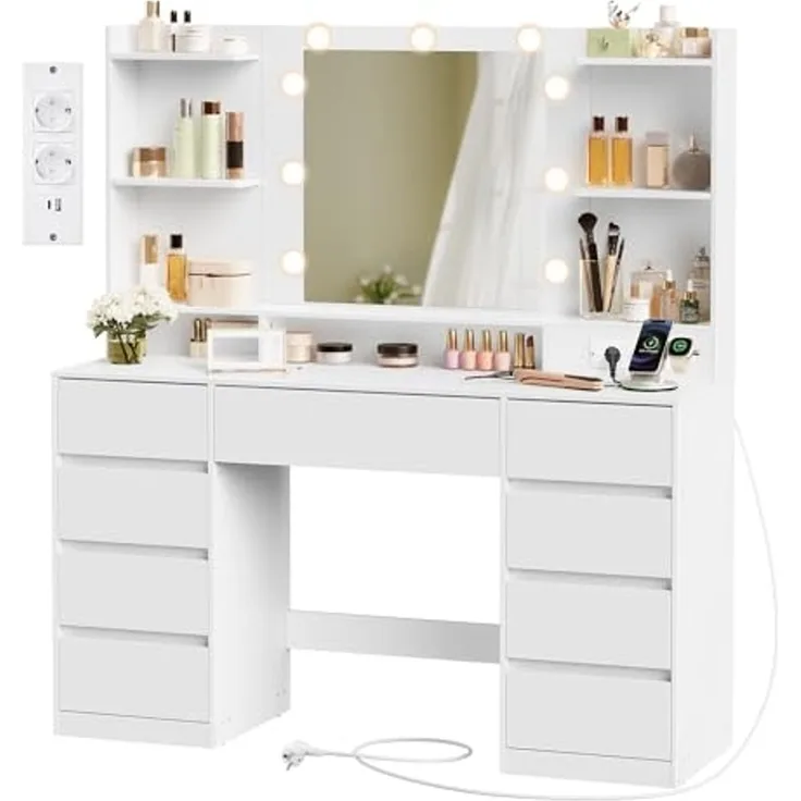VASAGLE Kailyn Kollektion - Schminktisch mit Spiegel und LED-Leuchten, Hocker, Steckdosenleiste, 9 Schubladen, 9 dimmbare Glühbirnen, 3 Lichtfarben, werkzeuglose Gleitschienen, wolkenweiß
