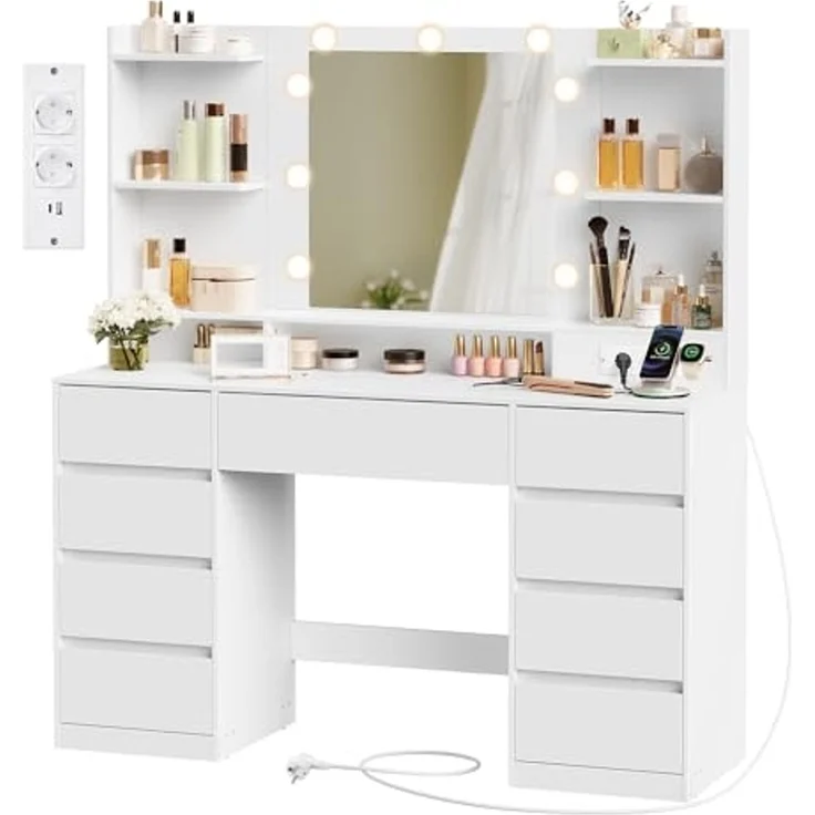 VASAGLE Kailyn Kollektion - Schminktisch mit Spiegel und LED-Leuchten, Hocker, Steckdosenleiste, 9 Schubladen, 9 dimmbare Glühbirnen, 3 Lichtfarben, werkzeuglose Gleitschienen, wolkenweiß – Bild 1