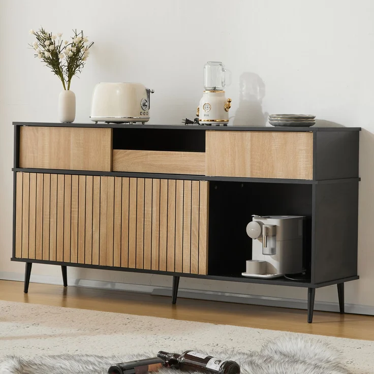 Schrank Eiche Natur und Schwarz, Sideboard mit Schiebetüren,verstellbare Regale,Sicherheits-Kippsicherung – Bild 1