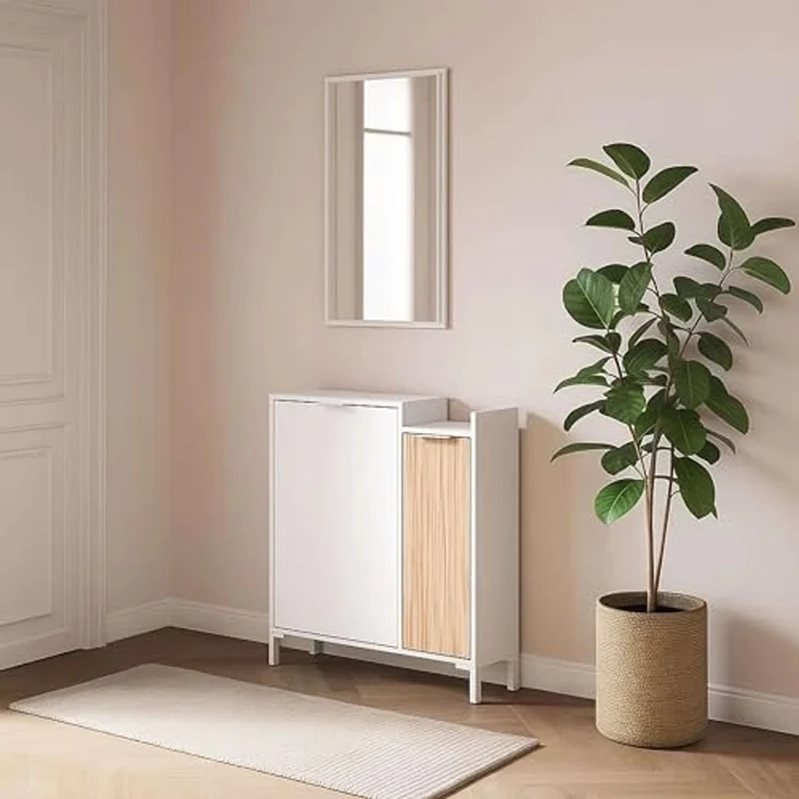 Habitdesign, Garderobe mit Schuhschrank und Spiegel – platzsparendes Flurmöbel in Artik weiß und Natur für den Eingangsbereich, modernes Design, Maße: 77 x 91 x 24 cm (B x H x T), Modell Ethna – Bild 6