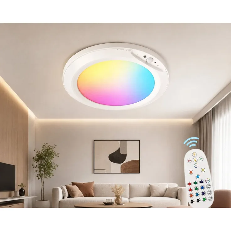 ibettertec Deckenleuchte LED Deckenleuchte Akku RGB Deckenleuchte Flach Rund Ø20CM 4200 mAh, LED fest integriert, mit Bewegungsmelder, 6500K RGB, akku deckenleuchte, deckenlampe ohne bohren, deckenlampe bunt, für Schlafzimmer Küche Keller Balkon Büro W...
