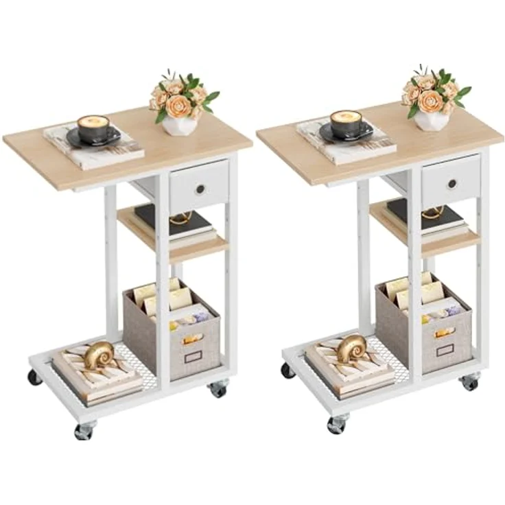 YITAHOME 2PCS Beistelltisch, C-Form Sofatisch mit Rollen und Schublade，Wohnzimmertisch für Kaffee und Laptop，für Wohnzimmer, Schlafzimmer，50 x 30 x 67 cm, Eiche – Bild 2