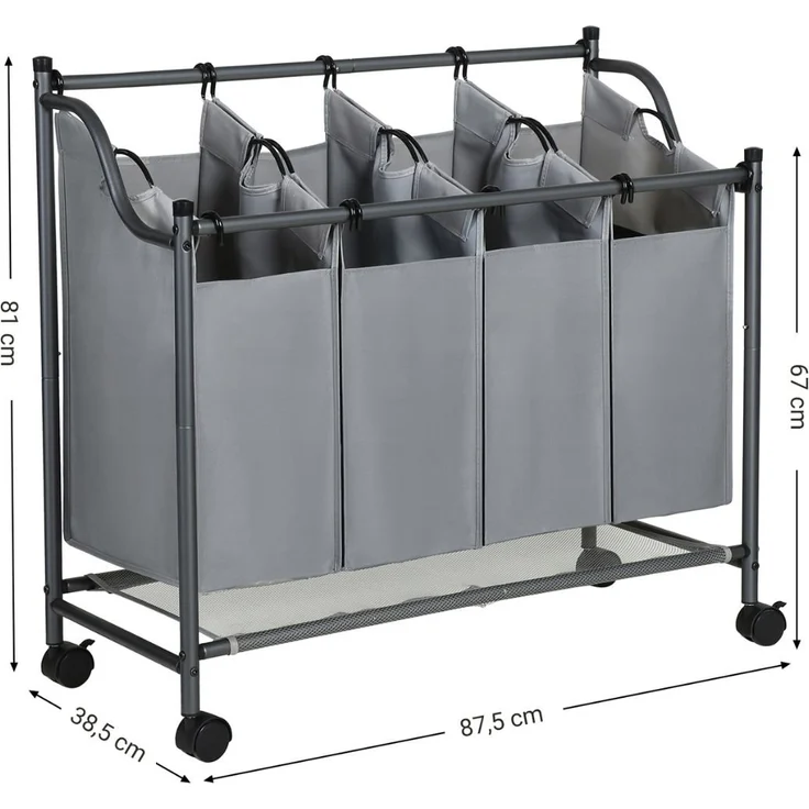 Songmics Wäschesammler auf Rollen mit 4 Fächern, Polyester Schwarz, 67/81 x 87,5 x 38,5 cm – Bild 5
