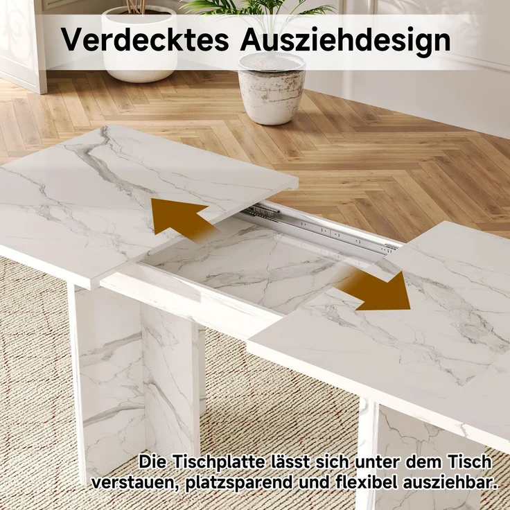 Merax Ausziehbarer Esstisch, 140/180*80 cm, geeignet für 6-8 Personen, rechteckige Form, verdickte Tischplatte, einfachen Stil,Tisch für Esszimmer, Küche, Wohnzimmer, Weißer Marmor – Bild 6