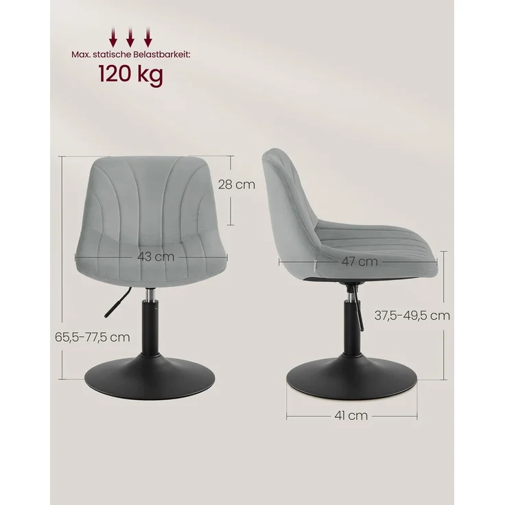 VASAGLE Schminkhocker, Schminkstuhl mit Rückenlehne, höhenverstellbar, um 360° drehbar, für Schlafzimmer, Esszimer, Samt-Bezug, Taubengrau LJB160GD01 – Bild 3
