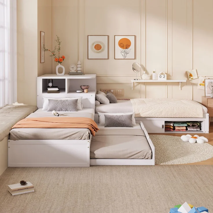 ZUBALIYA Holzbett 90 x 200 cm – Ausziehbett, Stauraum mit Schiebetüren, LED-Beleuchtung, MDF, Kiefer, Weiß – Bild 2