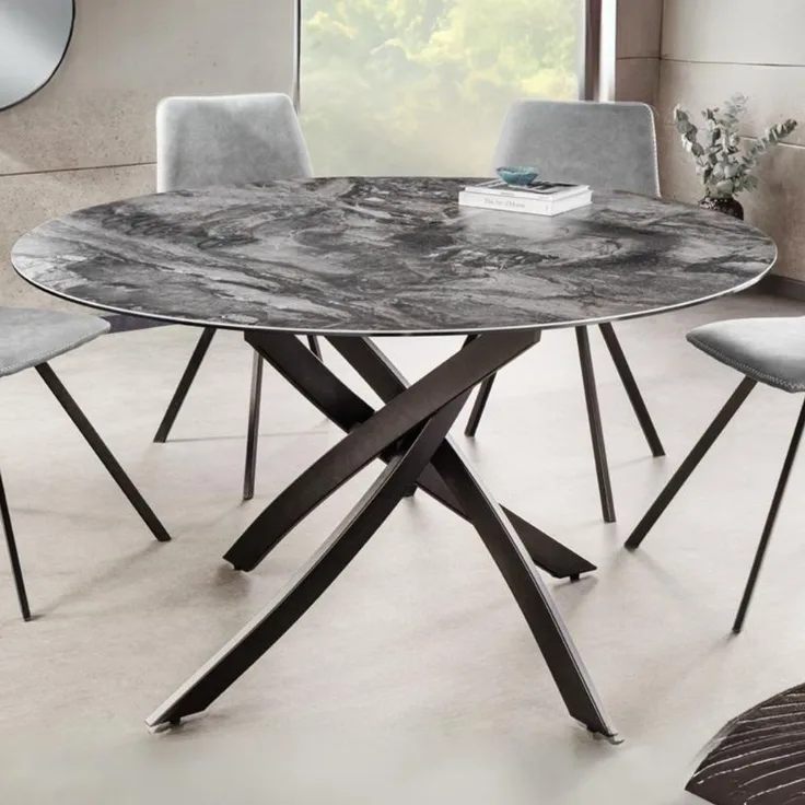 Design Esstisch AMICA 120cm taupe Marmor-Optik Keramik schwarzes Metall-Gestell
