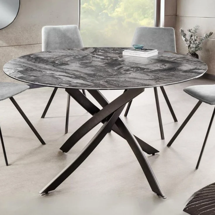 Design Esstisch AMICA 120cm taupe Marmor-Optik Keramik schwarzes Metall-Gestell – Bild 1