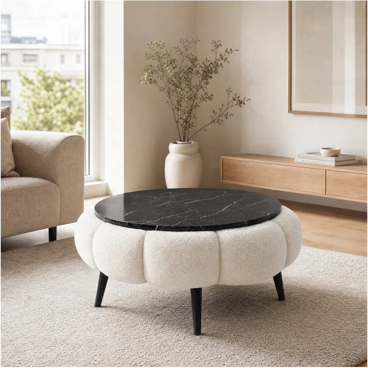 Skye Decor Papatya Couchtisch 60, runde Tischplatte in Weiß / Schwarzer Marmor, 44 cm hoch, Beine aus 100% Eschenholz