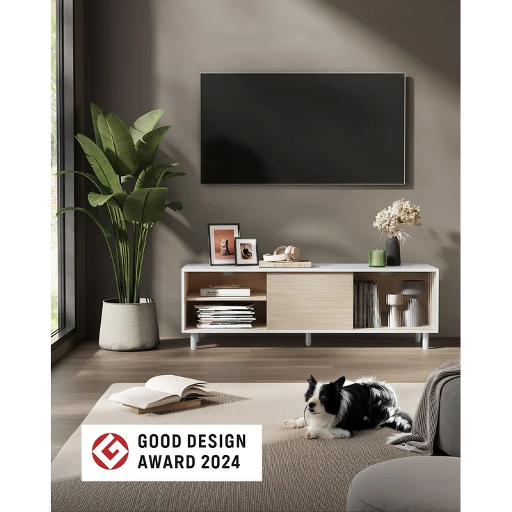 Vasagle TV-Schrank für Fernseher bis zu 60 Zoll, superschnelle Montage, Toolless-Technologie, Fernsehtisch Wohnzimmer, geriffeltes Glas modern, 140 x 39 x 45 cm, wolkenweiß-naturbeige – Bild 1