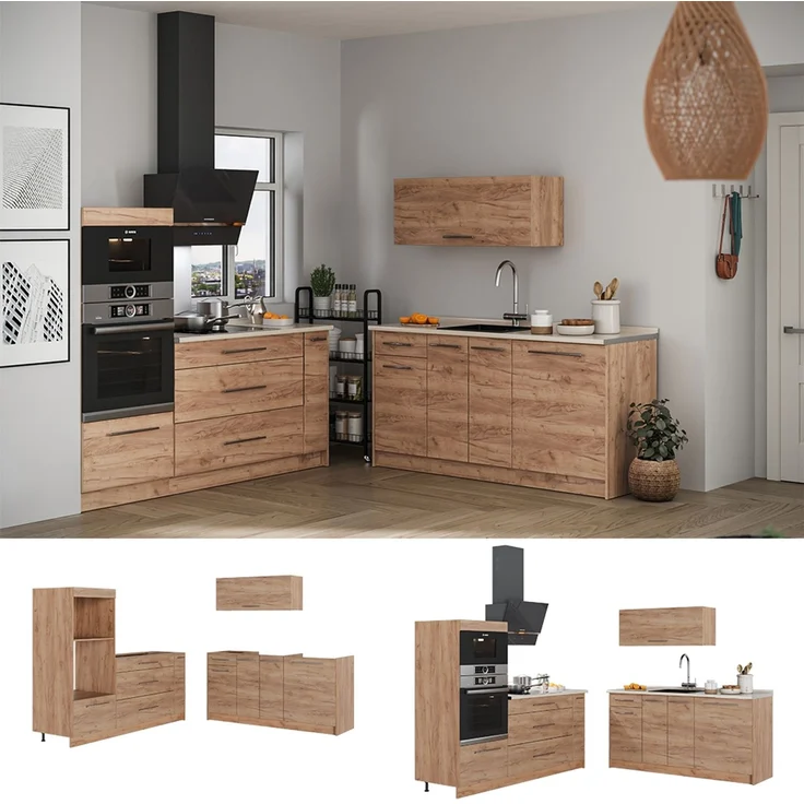 Küchenzeile Fame-Line Goldkraft Eiche/Goldkraft Eiche 340 cm, AP Marmor Vicco – Bild 4