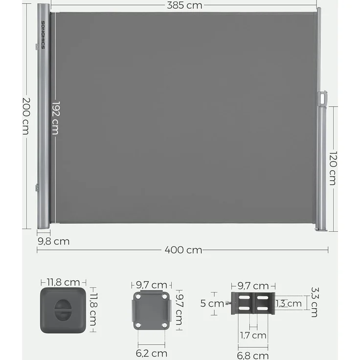 SONGMICS Alu-Seitenmarkise, ausziehbar, blickdicht, Grau, 200x400 cm – Bild 3