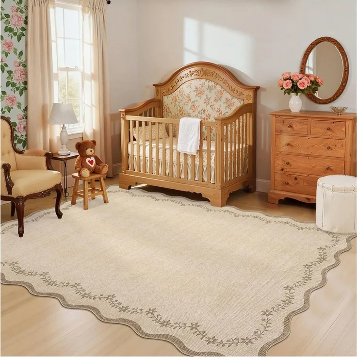 GarveeMore Teppich Vintage Deko Teppich mit Wellenkante und Blumenranken für Wohnzimmer, Höhe: 5 mm