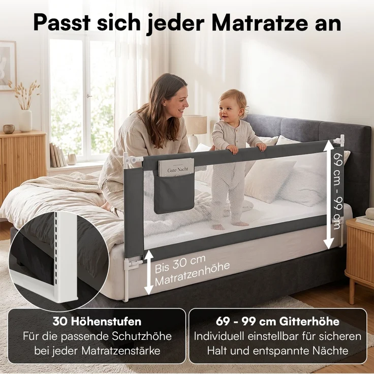 Bellabino 'Drina' Bettschutzgitter, Rausfallschutz klappbar & höhenverstellbar, aus Oxford-Stoff & Metall, 200 cm, dunkelgrau – Bild 3