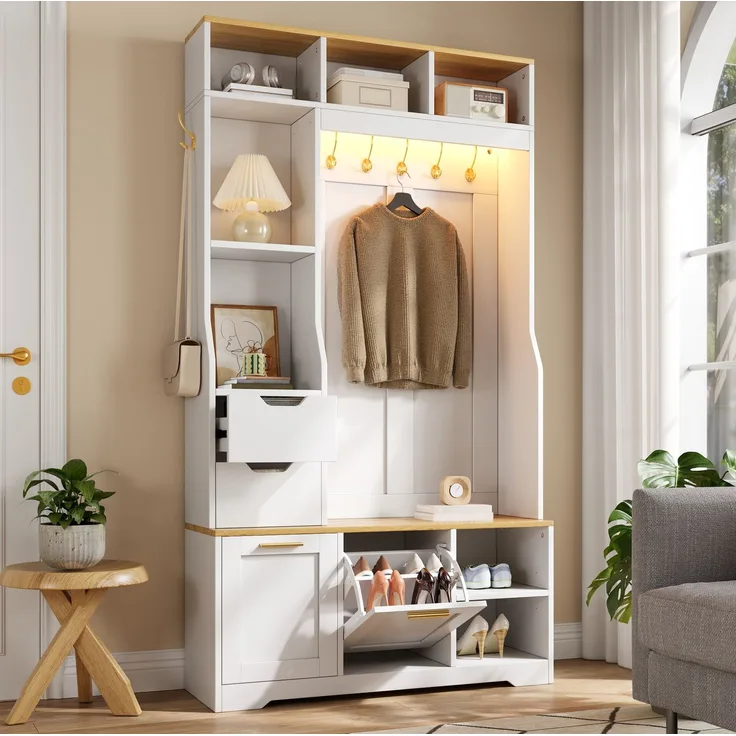 DESVIAE Garderobenschrank Weiß aus MDF/Spanplatte – 100x186x32 cm – LED-Beleuchtung, Schuhfächer