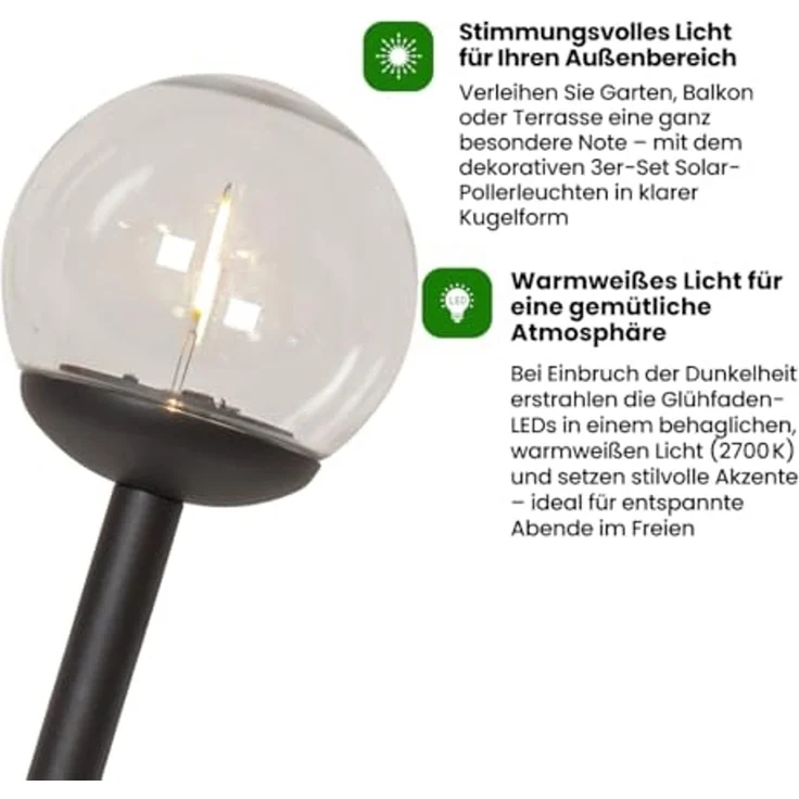 LED-Solar-Wegleuchte "Globe", 3er Set, weiß/schwarz – Bild 2