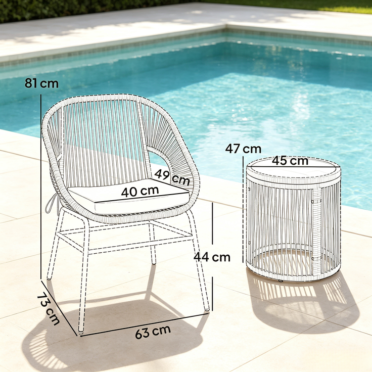 Balkon-Tischgruppe, Tisch H 47 x Ø 45 cm, Stahl und gehärtetes Glas, mit 2 Stühlen – Bild 5