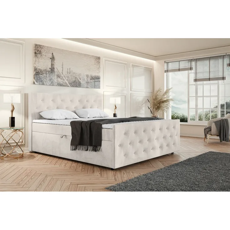 MEBLINI Boxspringbett PEDRO 160x200cm - H3P/Beige Samt - mit Bettkasten - Polsterbett - Doppelbett mit Topper & Taschenfederkern-Matratze