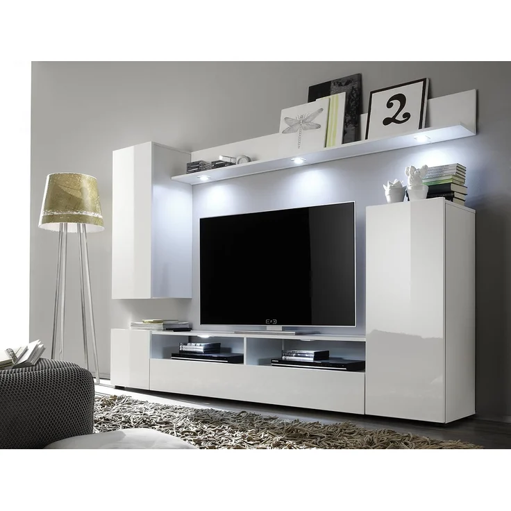 Wohnwand Medienwand Win in weiß Hochglanz 208 cm Fernsehschrank bis 55" – Bild 2